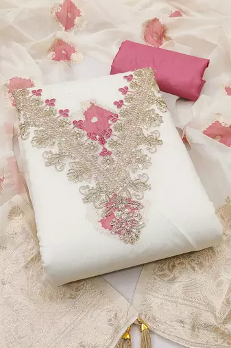 off white weaved mal chanderi unstitched dress material 