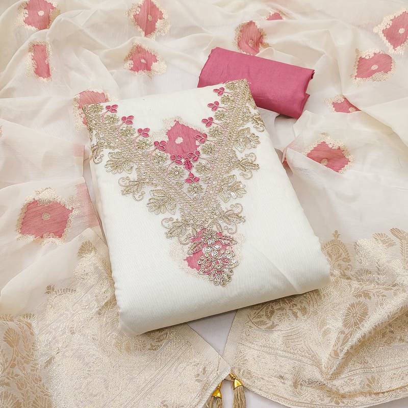 off white weaved mal chanderi unstitched dress material 