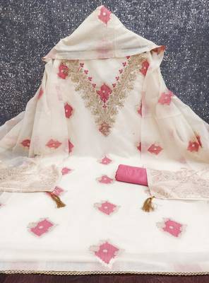 off white weaved mal chanderi unstitched dress material  2