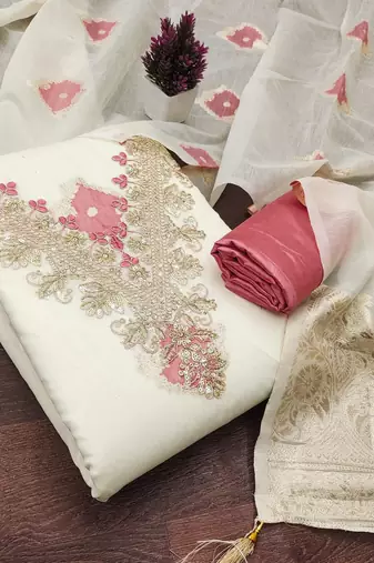 off white weaved mal chanderi unstitched dress material 