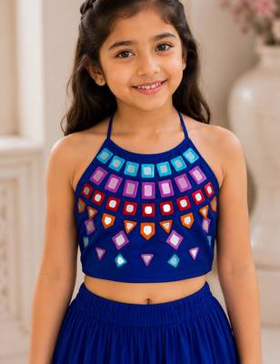 Royal blue cotton embroidered  mirror work kids lehenga choli 2