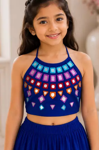 Royal blue cotton embroidered  mirror work kids lehenga choli