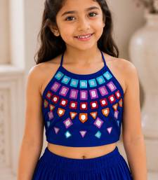 Royal blue cotton embroidered  mirror work kids lehenga choli