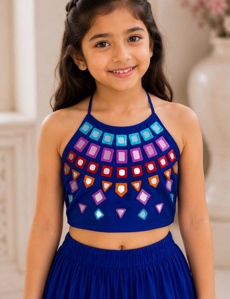 Royal blue cotton embroidered  mirror work kids lehenga choli