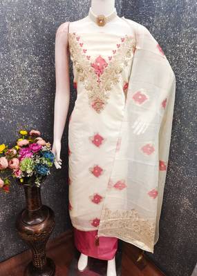 off white weaved mal chanderi unstitched dress material  4