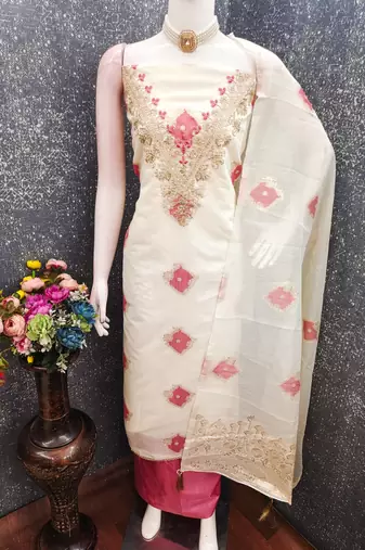 off white weaved mal chanderi unstitched dress material 