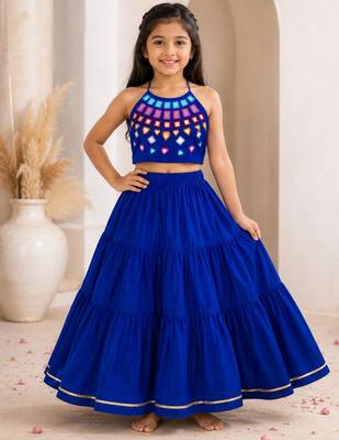 Royal blue cotton embroidered  mirror work kids lehenga choli 1