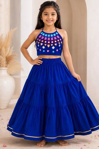 Royal blue cotton embroidered  mirror work kids lehenga choli