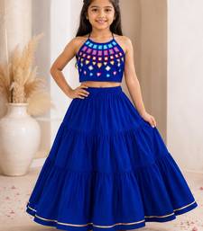 Royal blue cotton embroidered  mirror work kids lehenga choli