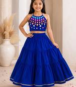 Royal blue cotton embroidered  mirror work kids lehenga choli