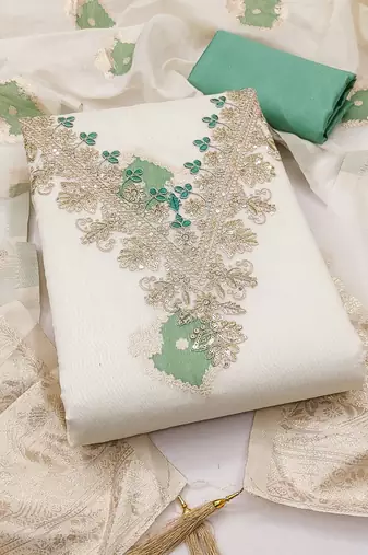 off white weaved mal chanderi unstitched dress material 