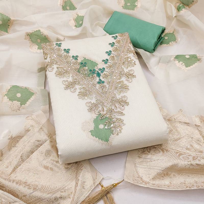 off white weaved mal chanderi unstitched dress material 