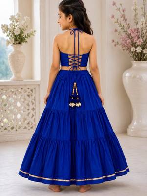 Royal blue cotton embroidered  mirror work kids lehenga choli 4