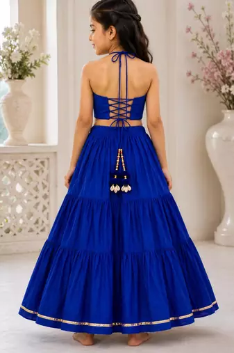 Royal blue cotton embroidered  mirror work kids lehenga choli