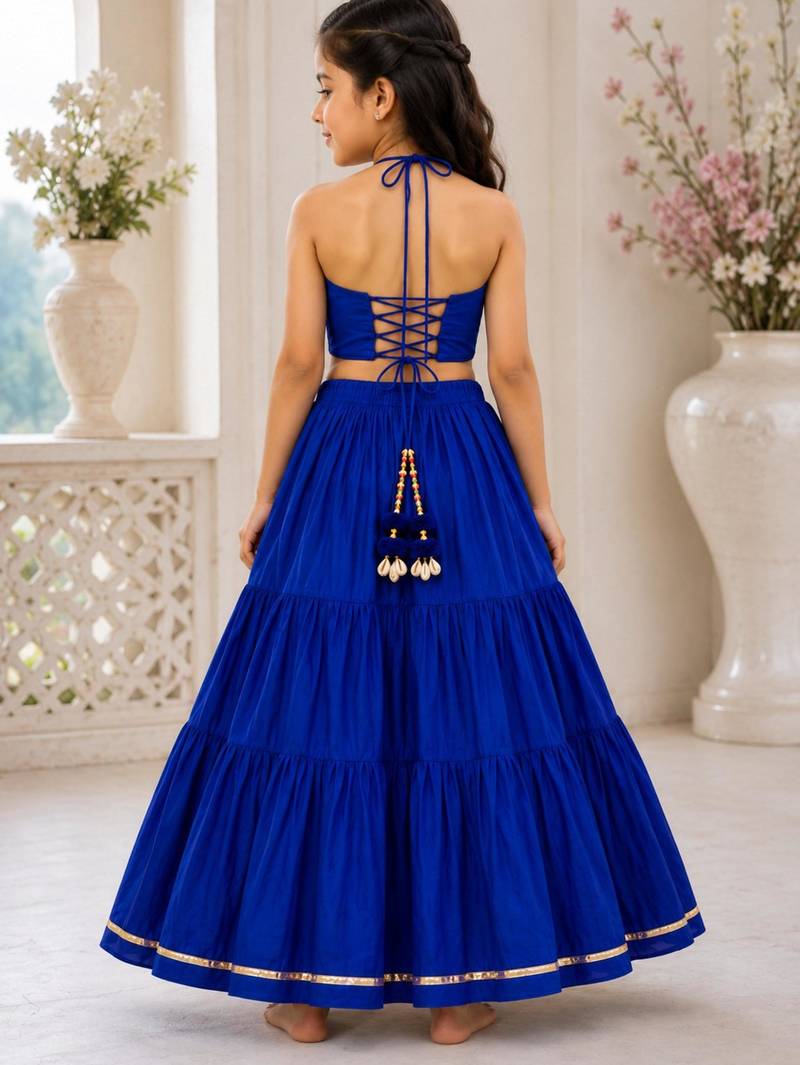 Royal blue cotton embroidered  mirror work kids lehenga choli