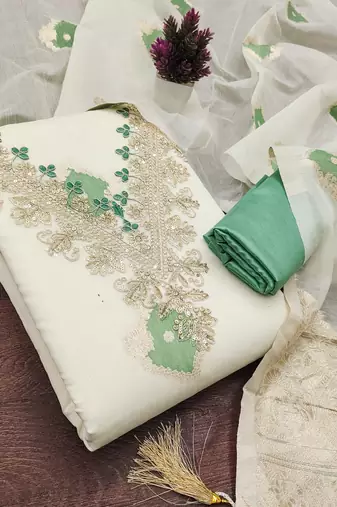 off white weaved mal chanderi unstitched dress material 