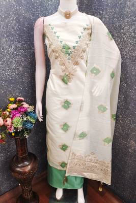 off white weaved mal chanderi unstitched dress material  4