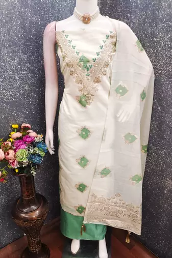 off white weaved mal chanderi unstitched dress material 