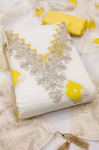 off white weaved mal chanderi unstitched dress material 
