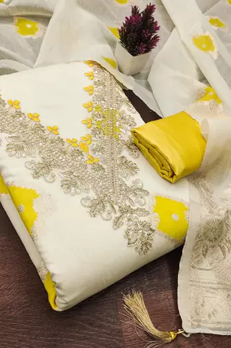 off white weaved mal chanderi unstitched dress material 