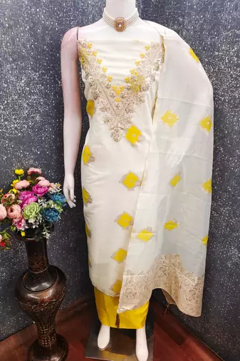 off white weaved mal chanderi unstitched dress material 