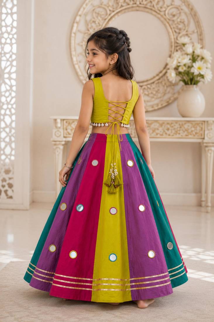 Multicolor cotton embroidered  mirror work kids lehenga choli