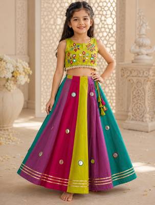 Multicolor cotton embroidered  mirror work kids lehenga choli 1