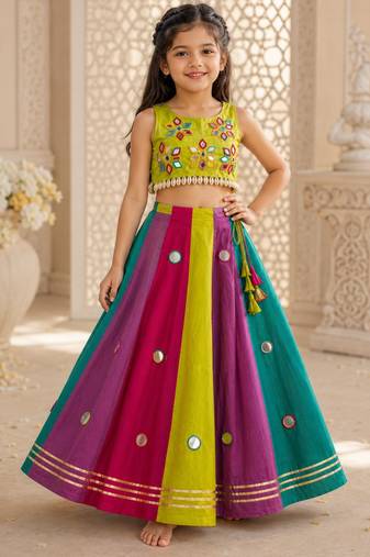 Multicolor cotton embroidered  mirror work kids lehenga choli