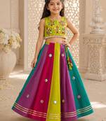 Multicolor cotton embroidered  mirror work kids lehenga choli