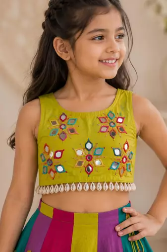 Multicolor cotton embroidered  mirror work kids lehenga choli