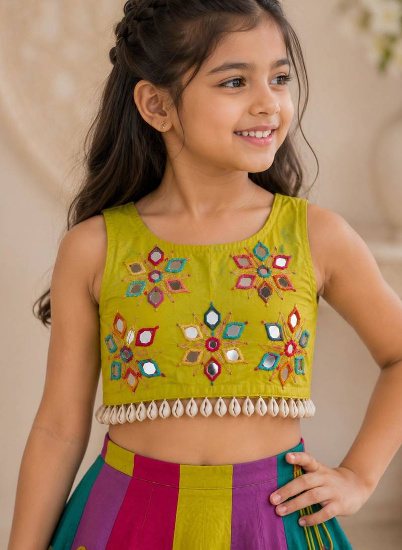 Multicolor cotton embroidered  mirror work kids lehenga choli