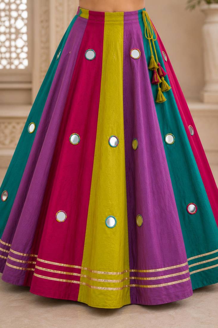 Multicolor cotton embroidered  mirror work kids lehenga choli