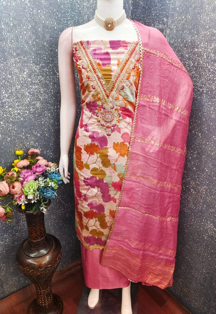 multicolor printed roman unstitched dress material 