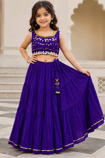 Purple cotton embroidered  mirror work kids lehenga choli