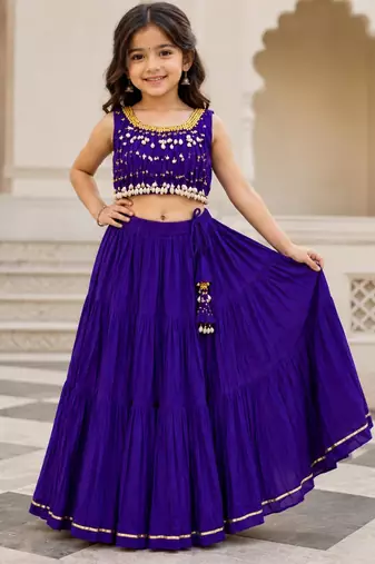 Purple cotton embroidered  mirror work kids lehenga choli