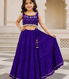 Purple cotton embroidered  mirror work kids lehenga choli
