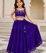 Purple cotton embroidered  mirror work kids lehenga choli