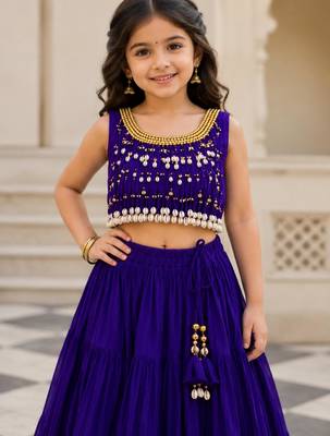 Purple cotton embroidered  mirror work kids lehenga choli 2