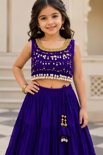 Purple cotton embroidered  mirror work kids lehenga choli