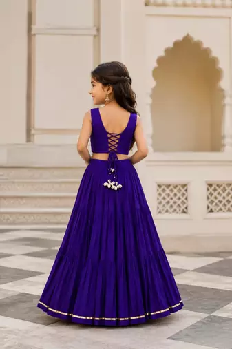 Purple cotton embroidered  mirror work kids lehenga choli