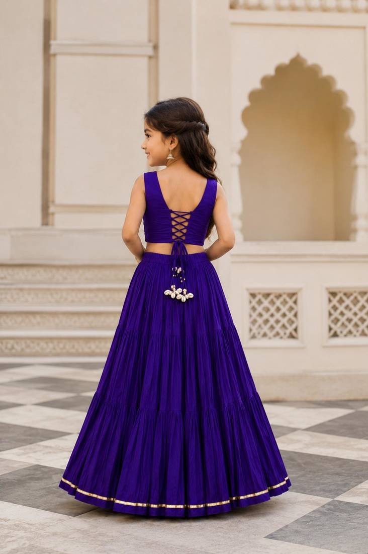 Purple cotton embroidered  mirror work kids lehenga choli