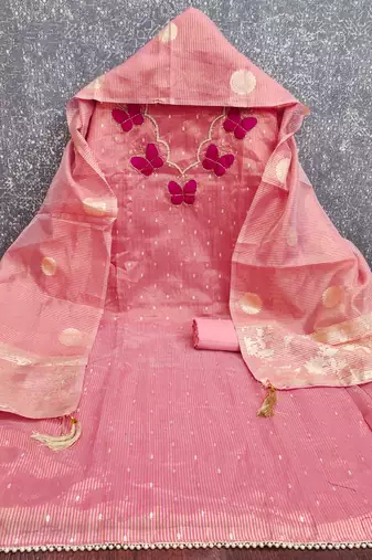 pink fancy kasa silk unstitched dress material 