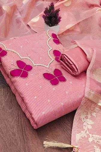 pink fancy kasa silk unstitched dress material 