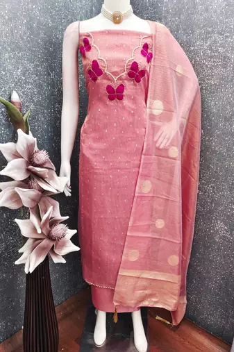 pink fancy kasa silk unstitched dress material 