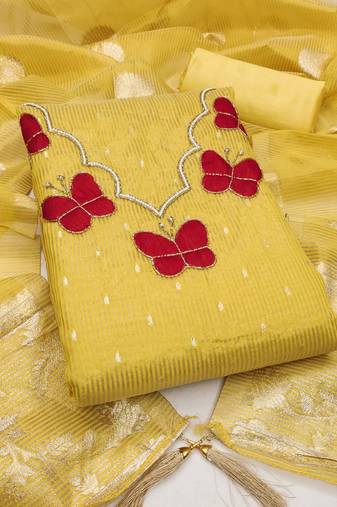 yellow  fancy kasa silk unstitched dress material 