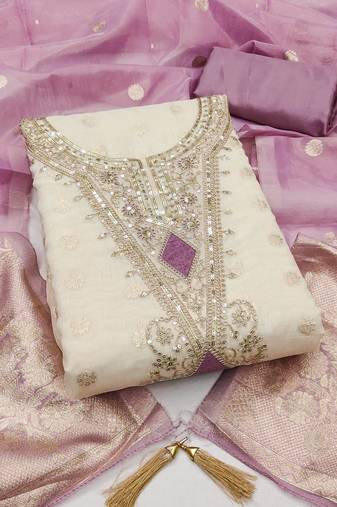 off white weaved shimmer butti unstitched dress material 