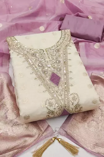 off white weaved shimmer butti unstitched dress material 