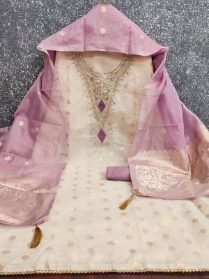 off white weaved shimmer butti unstitched dress material  2