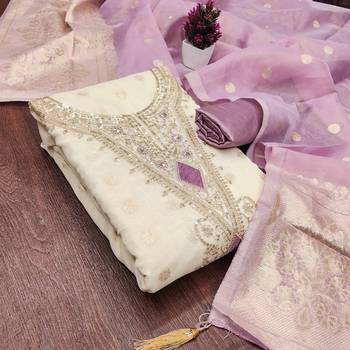 off white weaved shimmer butti unstitched dress material  3