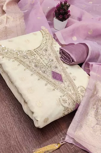 off white weaved shimmer butti unstitched dress material 